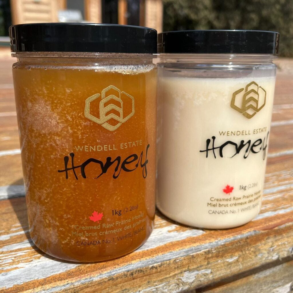 Both of these honeys are fresh. The difference n colour is attributable to the different sources, and the fact that the white honey on the right is crystallized, creamed, or soft-set.