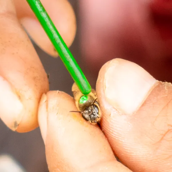 With careful fingers and a delicate, expert touch Randy paints a young queen bee with one of the five colors used to represent the year that she hatched. Photo credit WEH beekeeper Brent R. Ross.