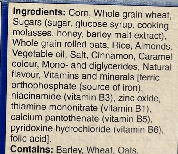 Ingredients on "Honey Bunches of Oats" shows it contains less honey than each of three forms of processed sugars.