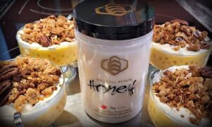 Fancy tapioca pudding with raw honey and nut streusel topping